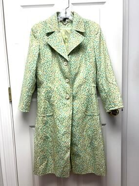 Express Jacket Floral Cotton Trench Coat Women’s M Green Blue Lined Spring Midi